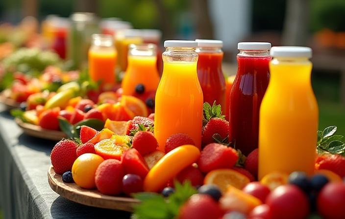Colorful fruit platter and juice bottles for catering