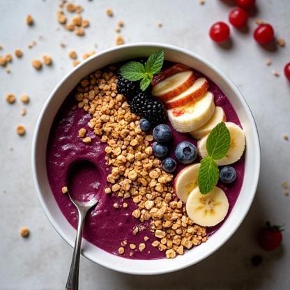 Acai bowl topped with granola, bananas, and berries