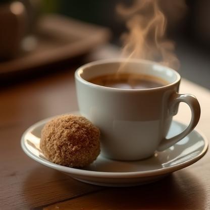 Small energy ball next to a cup of coffee