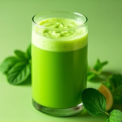 Green smoothie in a glass with fresh spinach and fruits