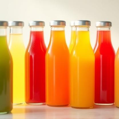 Colorful glass bottles of cold-pressed juice
